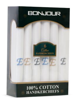 Bonjour - Men's White Cotton Handkerchief With Alphabet E Initial (Pack of 6)
