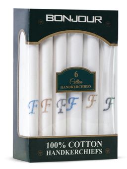 Bonjour - Men's White Cotton Handkerchief With Alphabet F Initial (Pack of 6)