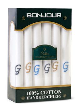 Bonjour - Men's White Cotton Handkerchief With Alphabet G Initial (Pack of 6)