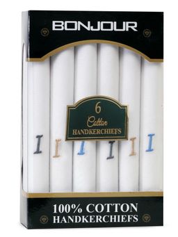 Bonjour - Men's White Cotton Handkerchief With Alphabet I Initial (Pack of 6)