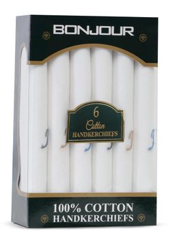 Bonjour - Men's White Cotton Handkerchief With Alphabet J Initial (Pack of 6)