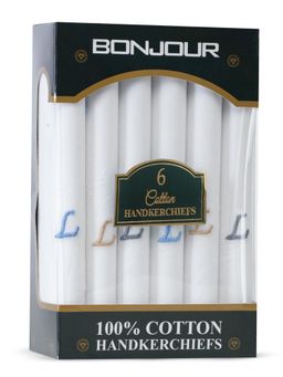 Bonjour - Men's White Cotton Handkerchief With Alphabet L Initial (Pack of 6)