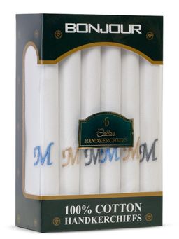 Bonjour - Men's White Cotton Handkerchief With Alphabet M Initial (Pack of 6)