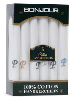 Bonjour - Men's White Cotton Handkerchief With Alphabet P Initial (Pack of 6)