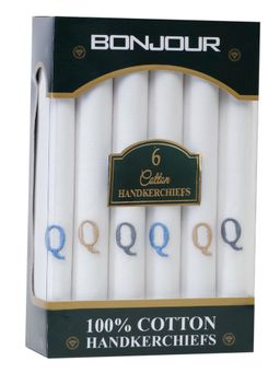 Bonjour - Men's White Cotton Handkerchief With Alphabet Q Initial (Pack of 6)