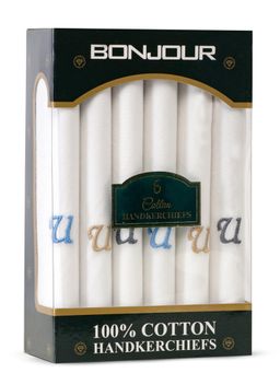 Bonjour - Men's White Cotton Handkerchief With Alphabet U Initial (Pack of 6)