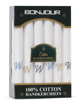 Bonjour - Men's White Cotton Handkerchief With Alphabet W Initial (Pack of 6)