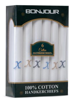 Bonjour - Men's White Cotton Handkerchief With Alphabet X Initial (Pack of 6)