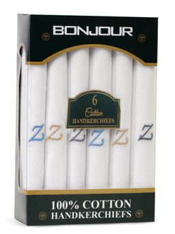 Bonjour - Men's White Cotton Handkerchief With Alphabet Z Initial (Pack of 6)