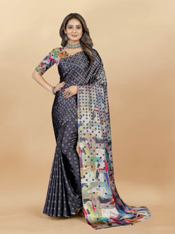 EXCLUSIVA - Women Designer Digital Print Japan Satin Silk Saree with Unstitched Blouse