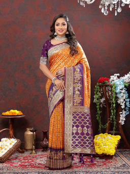 EXCLUSIVA - Women Mustard Color Kanjeevaram Patola Silk Saree with Unstitched Blouse