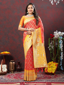 EXCLUSIVA - Women Orange Color Kanjeevaram Patola Silk Saree with Unstitched Blouse