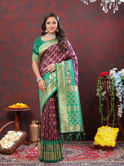 EXCLUSIVA - Women Purple Color Kanjeevaram Patola Silk Saree with Unstitched Blouse