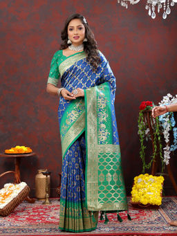 EXCLUSIVA - Women Royal Blue Kanjeevaram Patola Silk Saree with Unstitched Blouse