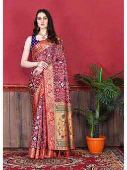 EXCLUSIVA - Women Maroon Color Kanjeevaram Silk Saree with Unstitched Blouse