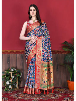 EXCLUSIVA - Women Navy Blue Color Kanjeevaram Silk Saree with Unstitched Blouse