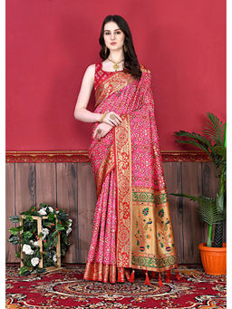 EXCLUSIVA - Women Pink Color Kanjeevaram Silk Saree with Unstitched Blouse