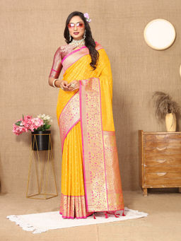 EXCLUSIVA - Women Mustard Color Kanjeevaram Silk Saree with Unstitched Blouse
