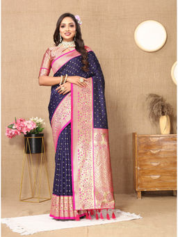 EXCLUSIVA - Women Navy Blue Color Kanjeevaram Silk Saree with Unstitched Blouse