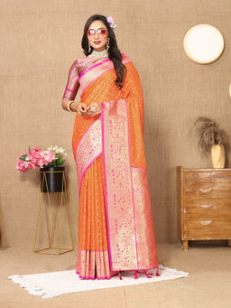 EXCLUSIVA - Women Orange Color Kanjeevaram Silk Saree with Unstitched Blouse