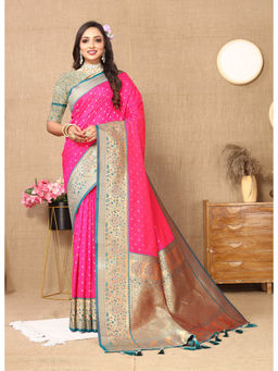 EXCLUSIVA - Women Pink Color Kanjeevaram Silk Saree with Unstitched Blouse