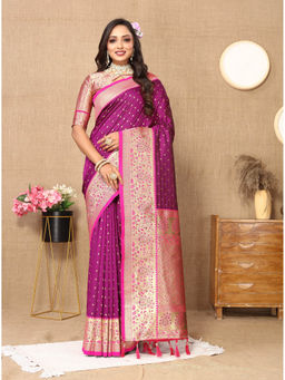 EXCLUSIVA - Women Purple Color Kanjeevaram Silk Saree with Unstitched Blouse