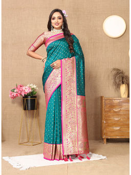 EXCLUSIVA - Women Rama Color Kanjeevaram Silk Saree with Unstitched Blouse
