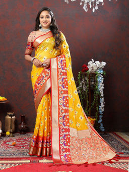 EXCLUSIVA - Women Mustard Color Kanjeevaram Patola Silk Saree with Unstitched Blouse