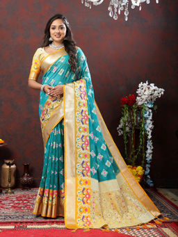 EXCLUSIVA - Women Rama Color Kanjeevaram Patola Silk Saree with Unstitched Blouse