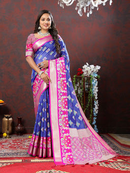 EXCLUSIVA - Women Blue Kanjeevaram Patola Silk Saree with Unstitched Blouse