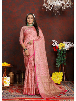 EXCLUSIVA - Women Baby Pink Color Banarasi Silk Saree with Unstitched Blouse