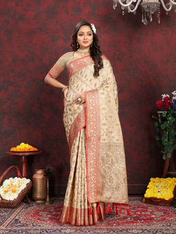EXCLUSIVA - Women Beige Color Banarasi Silk Saree with Unstitched Blouse