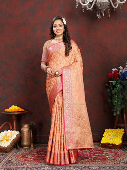 EXCLUSIVA - Women Peach Color Banarasi Silk Saree with Unstitched Blouse