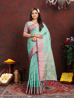 EXCLUSIVA - Women Turquoise Color Banarasi Silk Saree with Unstitched Blouse