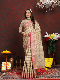 EXCLUSIVA - Women Beige Color Banarasi Silk Saree with Unstitched Blouse