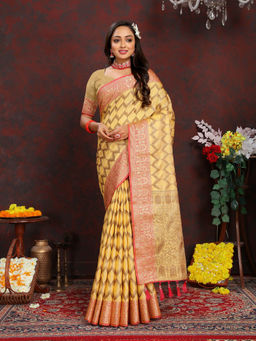 EXCLUSIVA - Women Mustard Color Banarasi Silk Saree with Unstitched Blouse