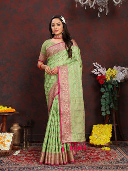 EXCLUSIVA - Women Parrot Color Banarasi Silk Saree with Unstitched Blouse