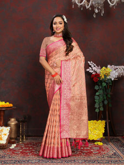 EXCLUSIVA - Women Peach Color Banarasi Silk Saree with Unstitched Blouse
