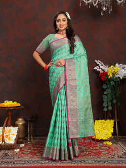 EXCLUSIVA - Women See Green Color Banarasi Silk Saree with Unstitched Blouse