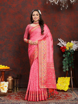 EXCLUSIVA - Women Baby Pink Kanjeevaram Organza Silk Saree with Unstitched Blouse
