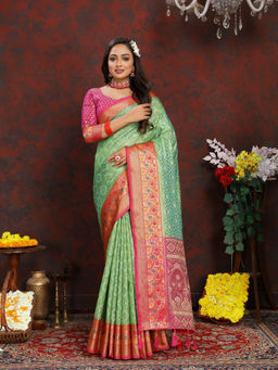 EXCLUSIVA - Women Parrot Color Kanjeevaram Organza Silk Saree with Unstitched Blouse