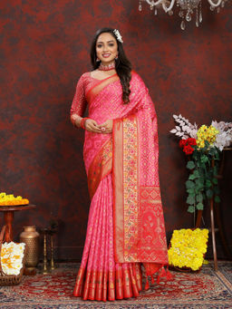 EXCLUSIVA - Women Pink Color Kanjeevaram Organza Silk Saree with Unstitched Blouse
