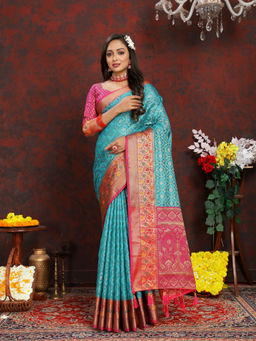EXCLUSIVA - Women Rama Color Kanjeevaram Organza Silk Saree with Unstitched Blouse