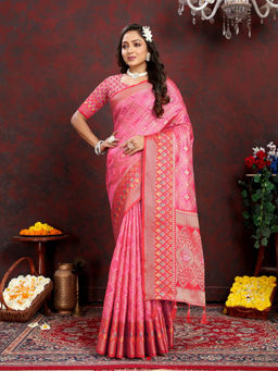 EXCLUSIVA - Women Baby Pink Kanjeevaram Organza Silk Saree with Unstitched Blouse