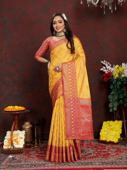 EXCLUSIVA - Women Mustard Color Kanjeevaram Organza Silk Saree with Unstitched Blouse