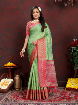 EXCLUSIVA - Women Parrot Color Kanjeevaram Organza Silk Saree with Unstitched Blouse