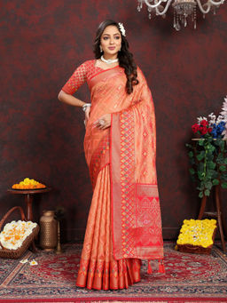 EXCLUSIVA - Women Peach Color Kanjeevaram Organza Silk Saree with Unstitched Blouse