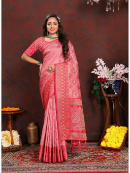 EXCLUSIVA - Women Pink Color Kanjeevaram Organza Silk Saree with Unstitched Blouse