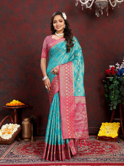 EXCLUSIVA - Women Rama Color Kanjeevaram Organza Silk Saree with Unstitched Blouse
