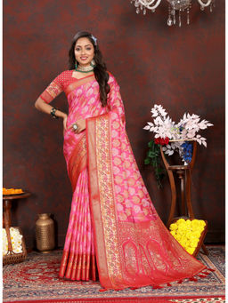 EXCLUSIVA - Women Baby Pink Kanjeevaram Organza Silk Saree with Unstitched Blouse